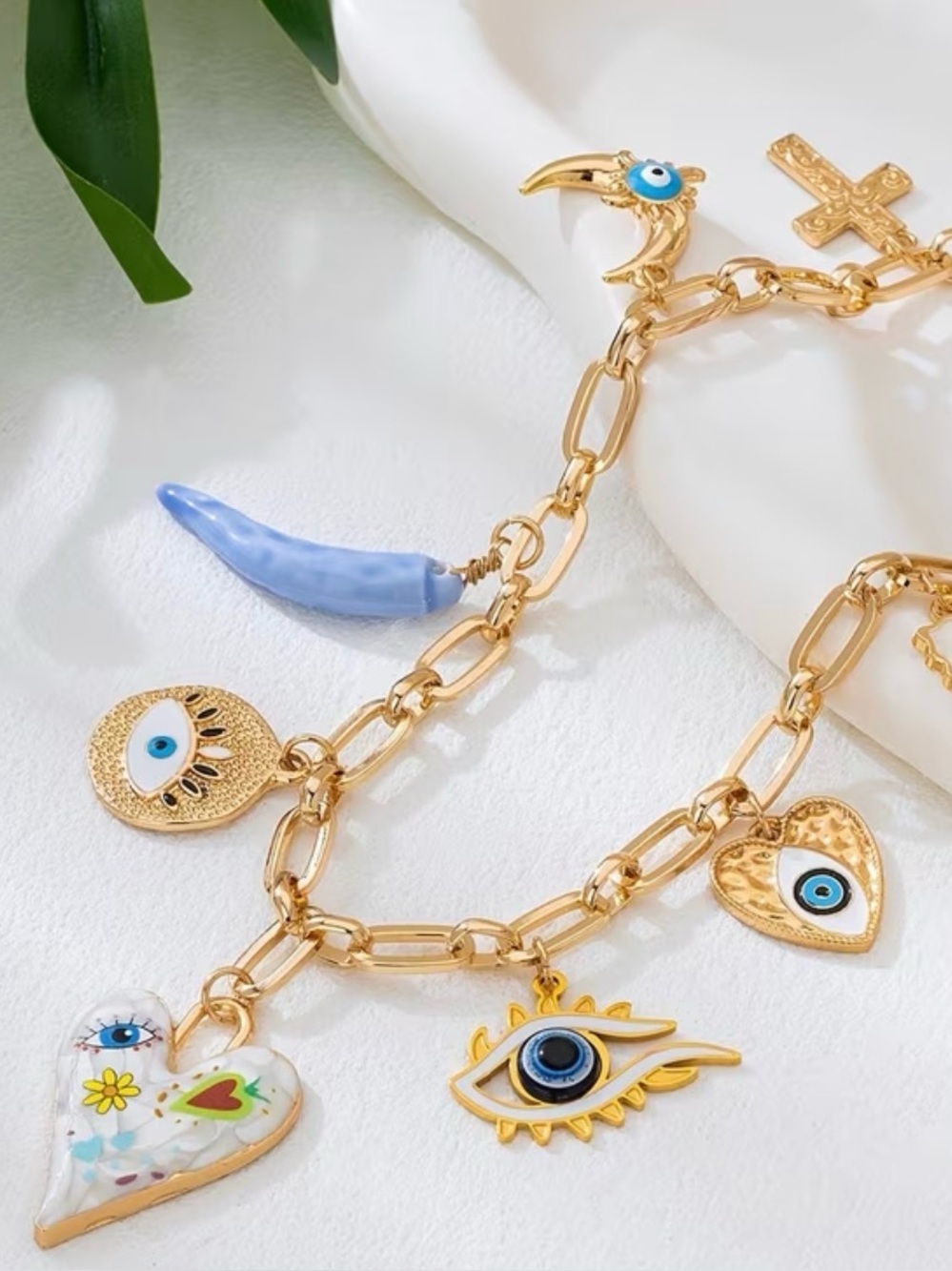 Gold Evil Eye & Heart Charm Necklace